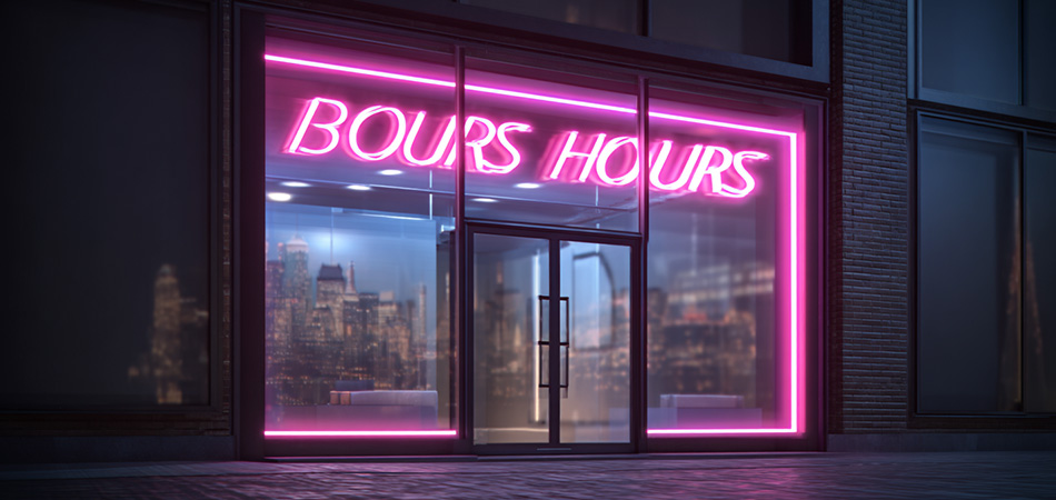 Custom neon shop signs with business hours display