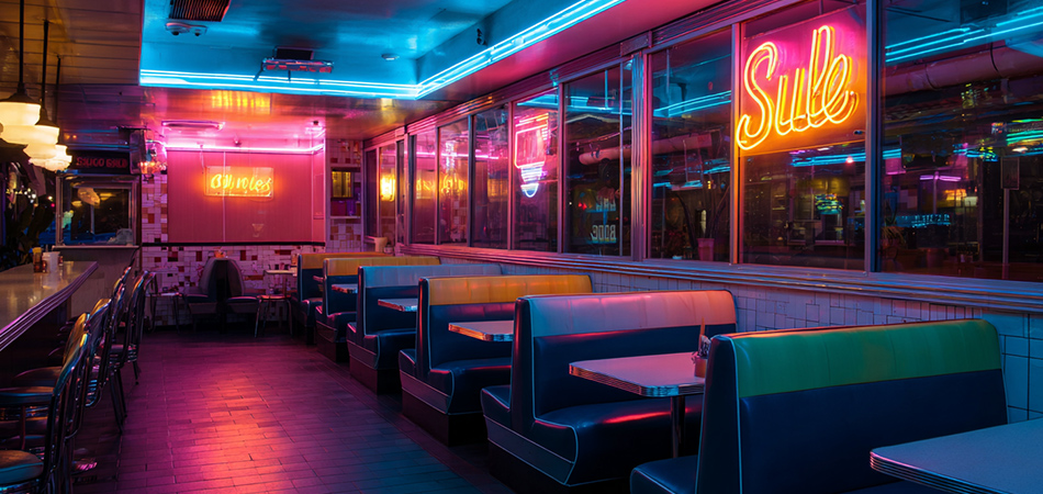 Retro neon diner signs for restaurant interiors
