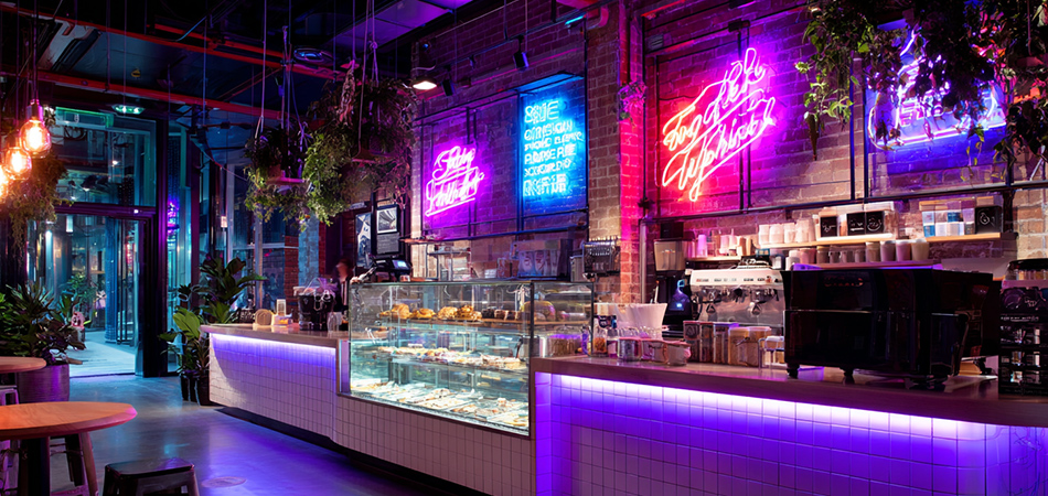 Branded neon signage for cafe counter displays