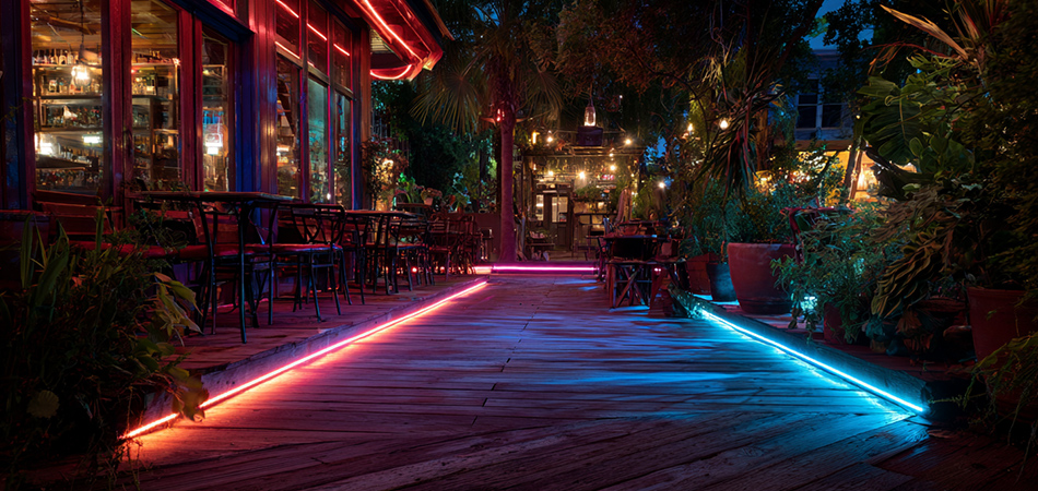 Voice-activated RGB neon strips for patios