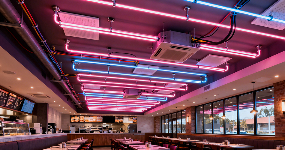 Commercial-grade neon ceiling systems