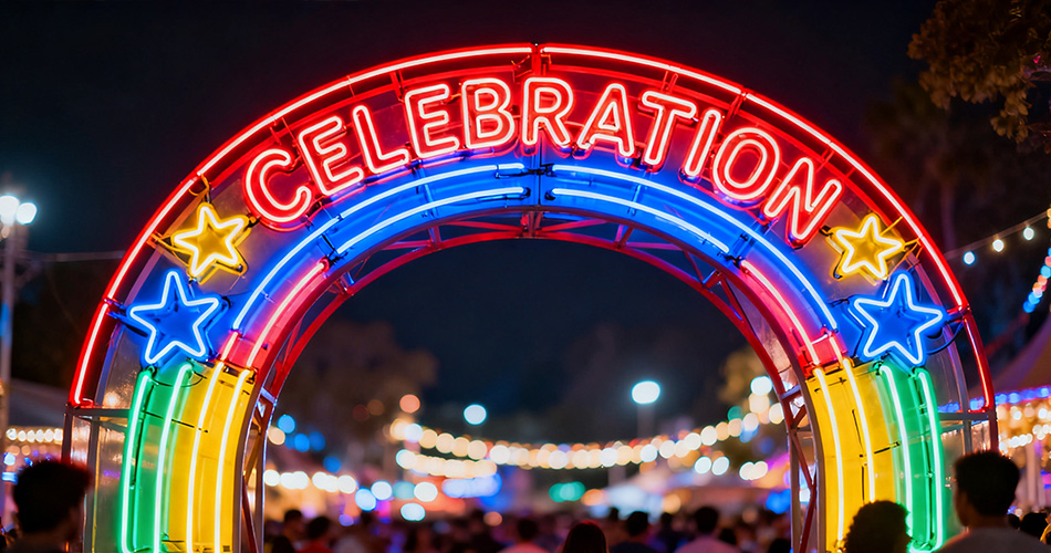 Neon festival entrance signage