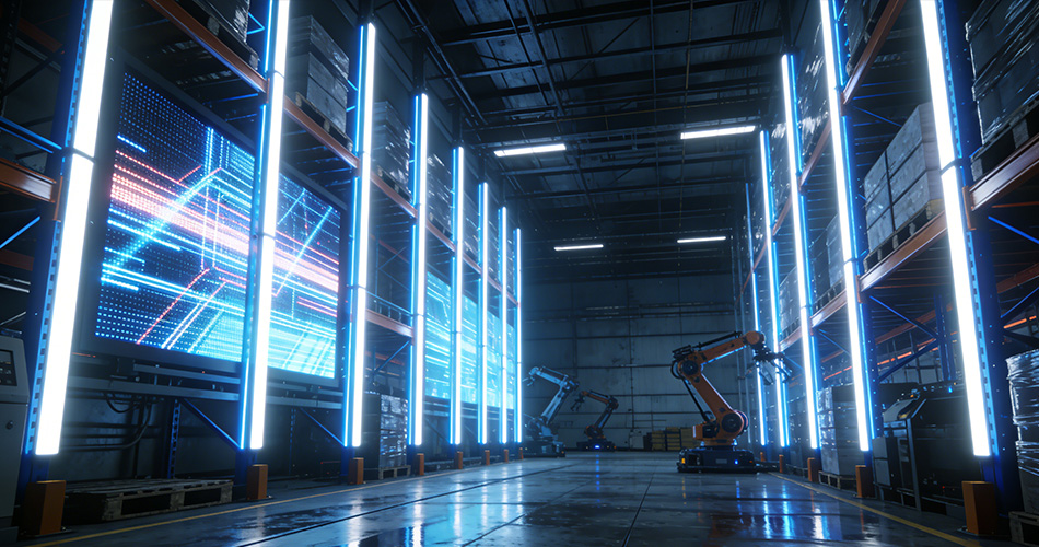 high-brightness neon warehouse lighting