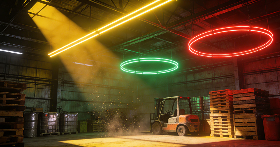 high-brightness neon warehouse lighting