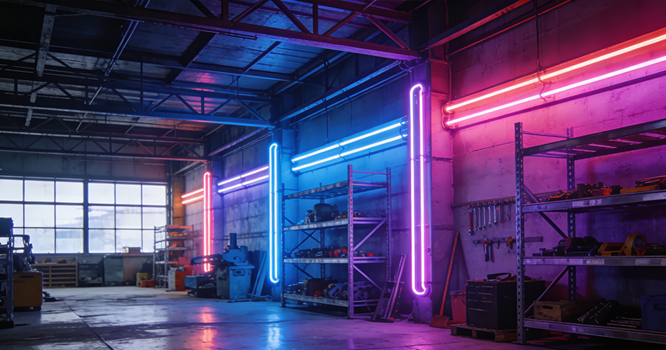 high-brightness neon warehouse lighting
