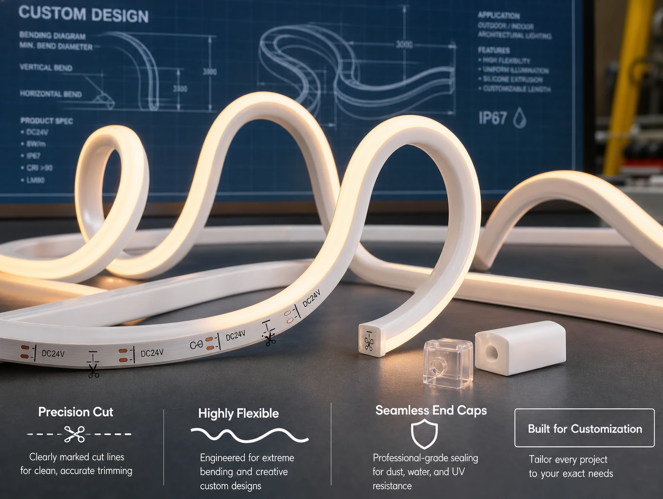 High-density cuttable silicone neon flex showing extreme bending flexibility and customizable cut markers by THINK TEAM KING High-density cuttable silicone neon flex showing extreme bending flexibility and customizable cut markers by THINK TEAM KING