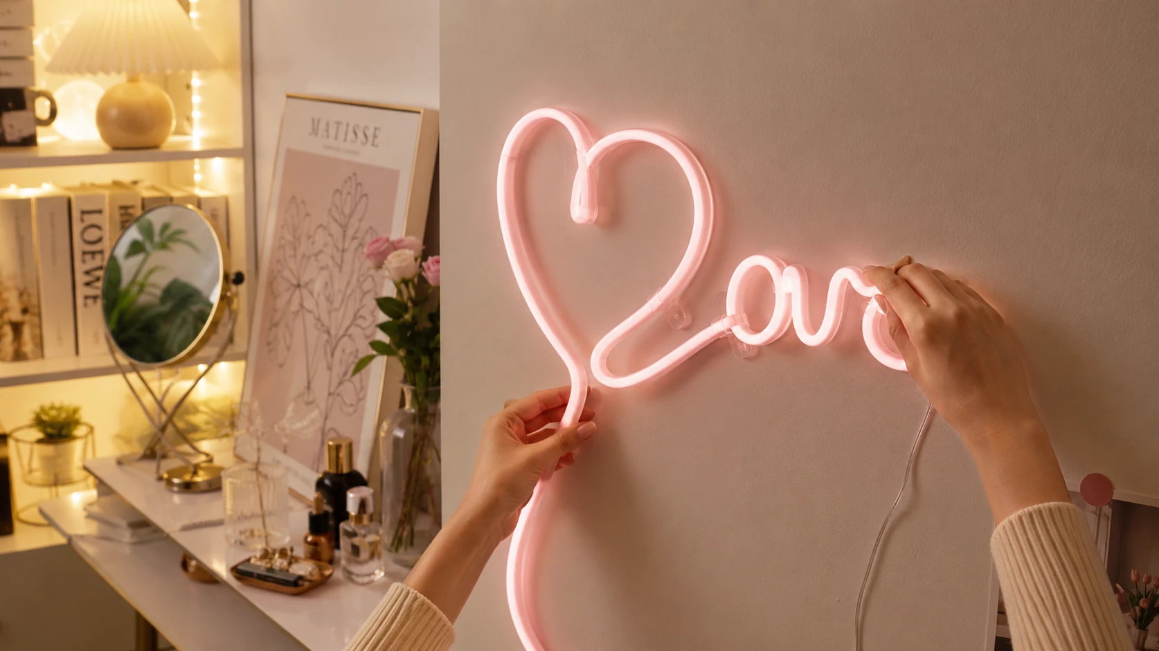Flexible silicone LED neon light tubes being shaped into custom wall art for creative indoor home decoration by THINK TEAM KING Flexible silicone LED neon light tubes being shaped into custom wall art for creative indoor home decoration by THINK TEAM KING