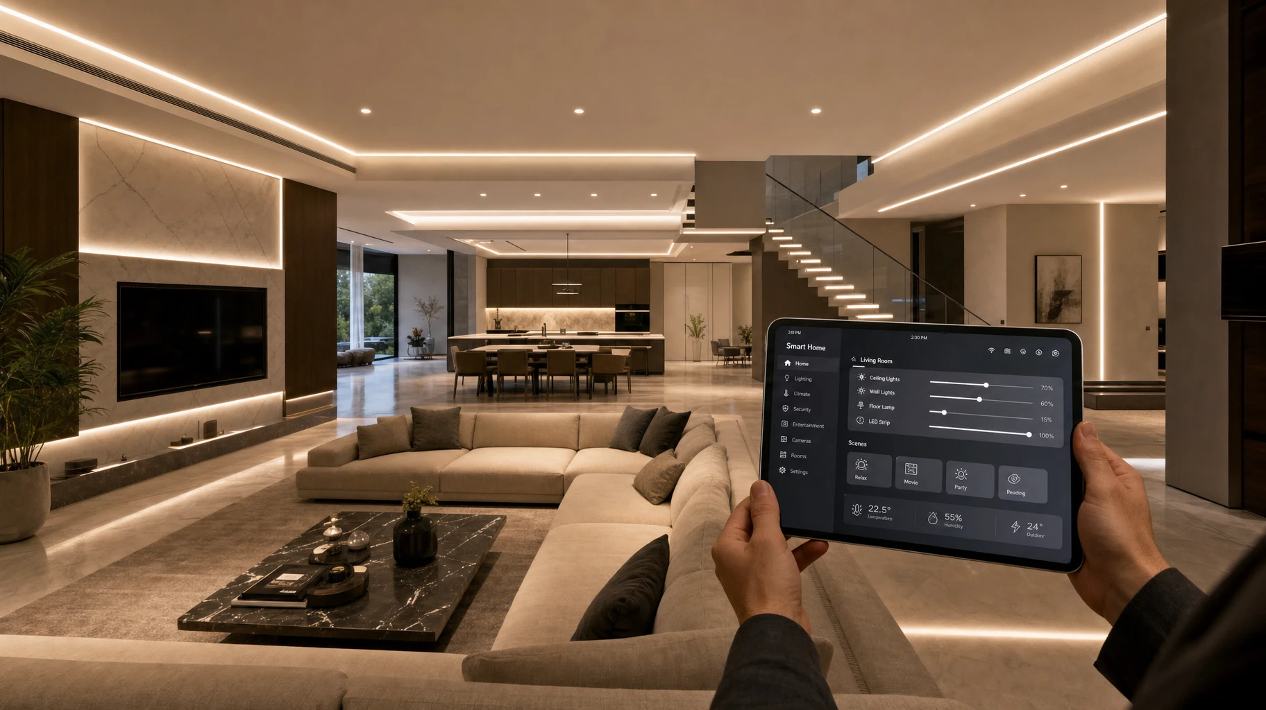 High-end modern smart villa interior featuring synchronized energy-efficient Zigbee neon flex lighting controlled via smart home automation system