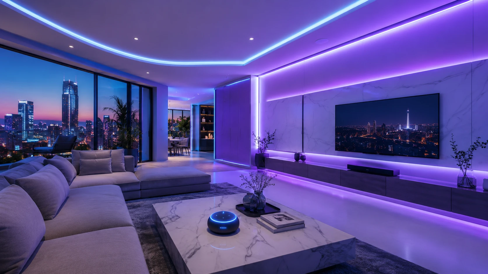 Luxury smart home automation with voice-controlled LED neon flex strips responding to an artificial intelligence assistant hub Luxury smart home automation with voice-controlled LED neon flex strips responding to an artificial intelligence assistant hub