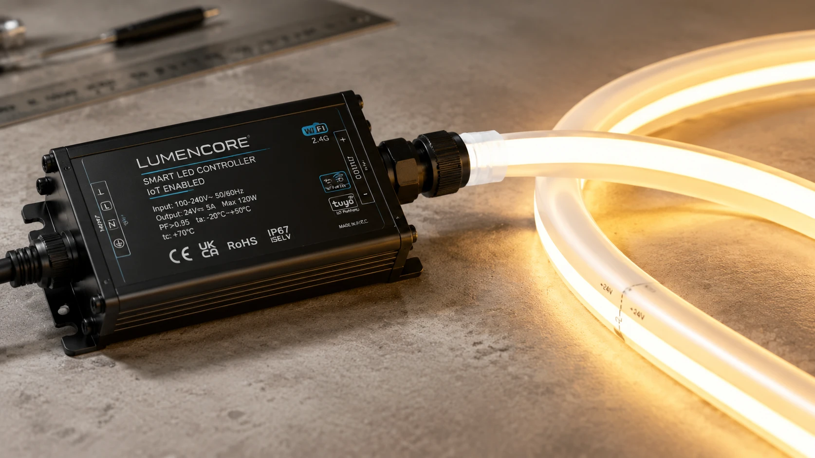 Commercial-grade smart voice-control IoT driver module connected to a high-density cuttable silicone neon flex tube by THINK TEAM KING Commercial-grade smart voice-control IoT driver module connected to a high-density cuttable silicone neon flex tube by THINK TEAM KING