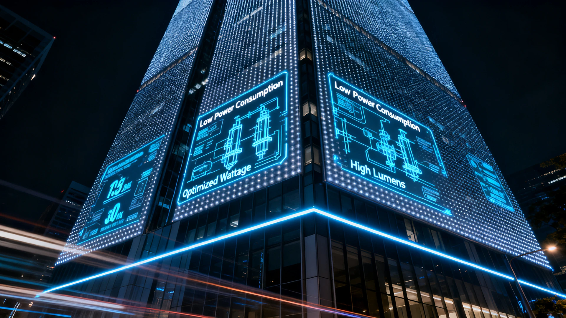 Commercial building exterior facade illuminated by energy-efficient wholesale LED neon flex lighting maximizing B2B power consumption savings Commercial building exterior facade illuminated by energy-efficient wholesale LED neon flex lighting maximizing B2B power consumption savings