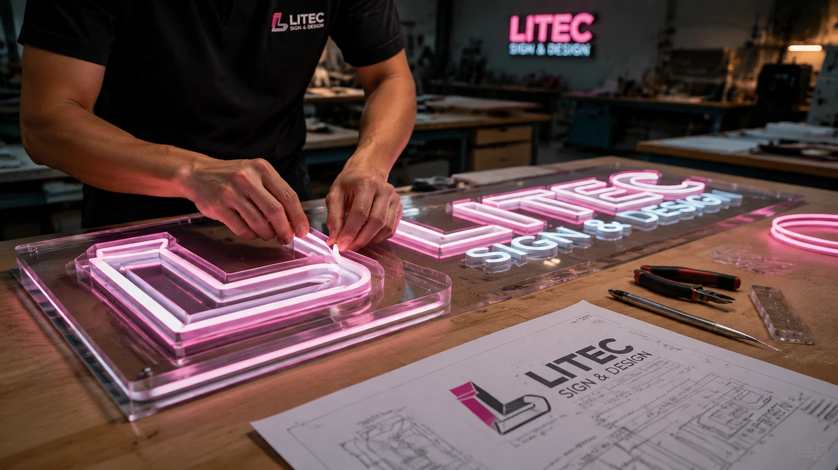 Commercial sign manufacturer installing cuttable LED neon flex strips onto an acrylic backing inside a professional signage studio Commercial sign manufacturer installing cuttable LED neon flex strips onto an acrylic backing inside a professional signage studio