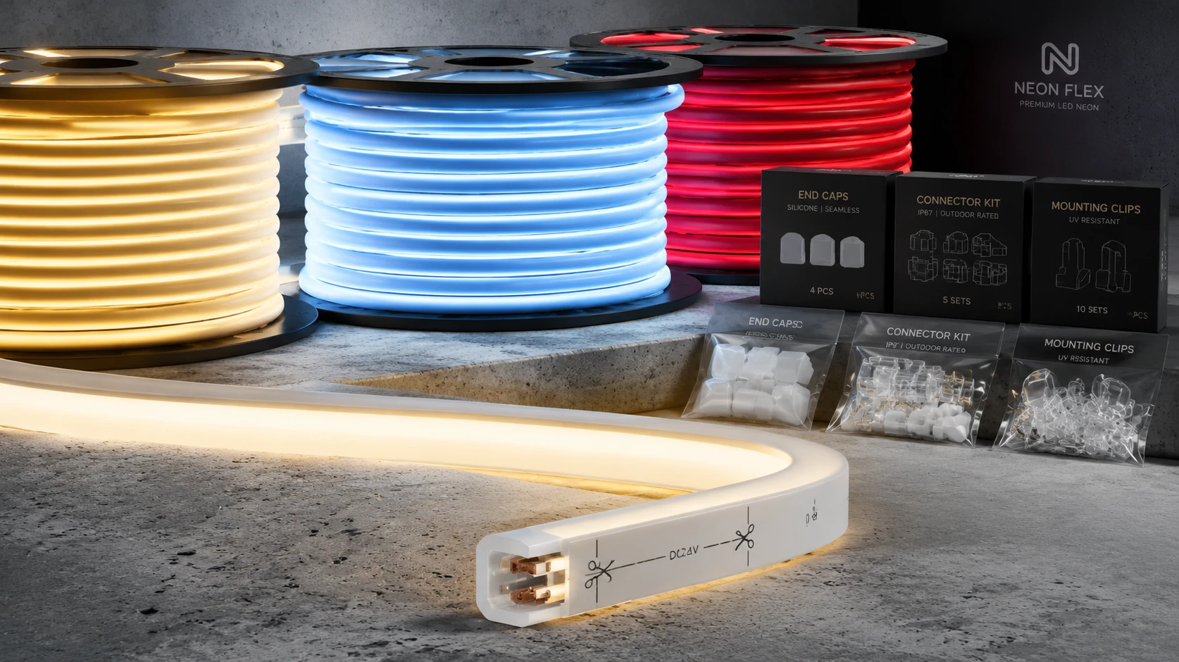 Bulk rolls of high-density cuttable silicone LED neon flex spools with matching end-caps for wholesale commercial signage components Bulk rolls of high-density cuttable silicone LED neon flex spools with matching end-caps for wholesale commercial signage components