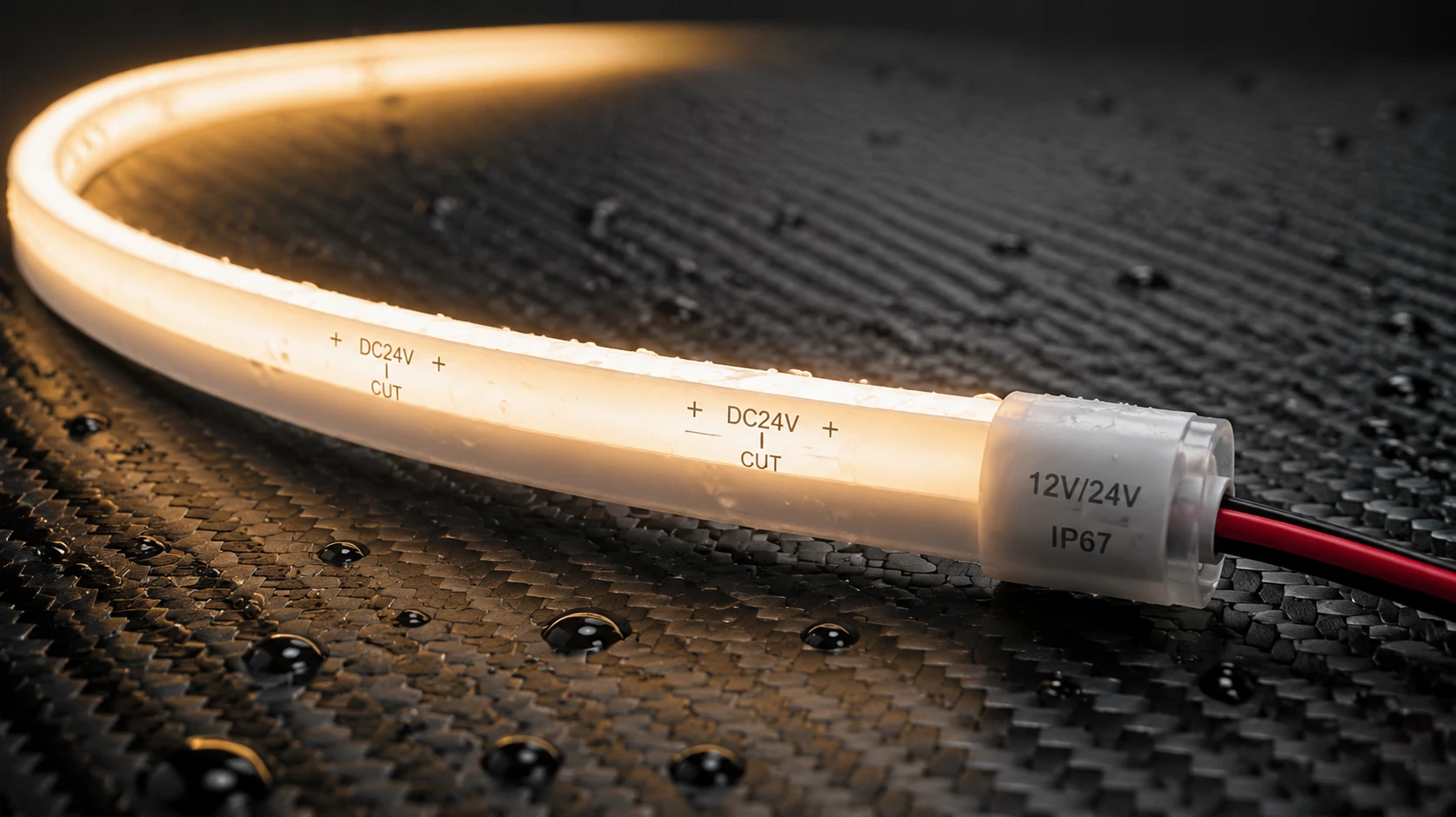 Cuttable dual-extrusion silicone LED neon flex strip with 12V 24V vehicle power compatibility showing extreme weather resistance for automotive lighting Cuttable dual-extrusion silicone LED neon flex strip with 12V 24V vehicle power compatibility showing extreme weather resistance for automotive lighting