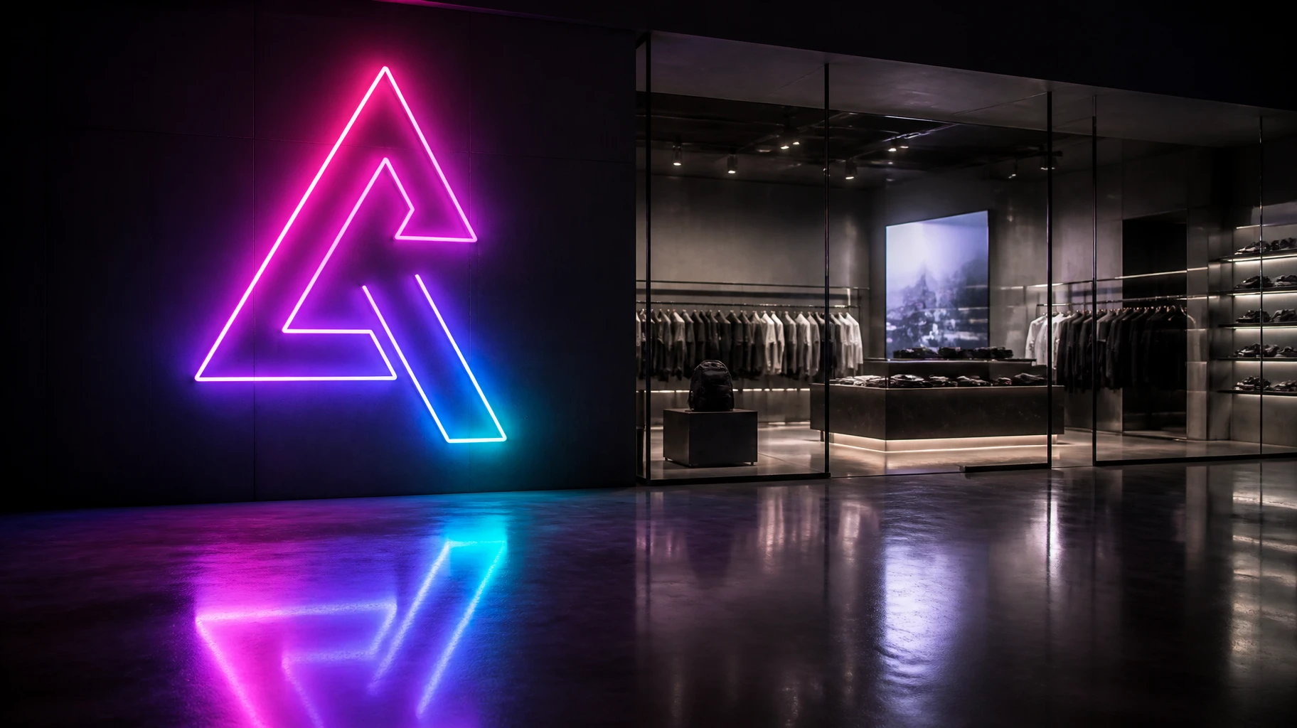 Custom dynamic RGB silicone LED neon strip sign glowing with smooth multicolor gradient in a modern upscale retail commercial space Custom dynamic RGB silicone LED neon strip sign glowing with smooth multicolor gradient in a modern upscale retail commercial space