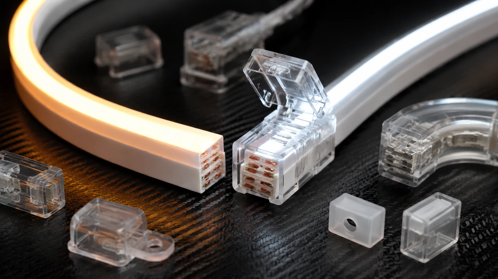 High-density RGB silicone neon flex showing quick-connect solderless clips and clear cutting marks for high-speed sign fabrication High-density RGB silicone neon flex showing quick-connect solderless clips and clear cutting marks for high-speed sign fabrication