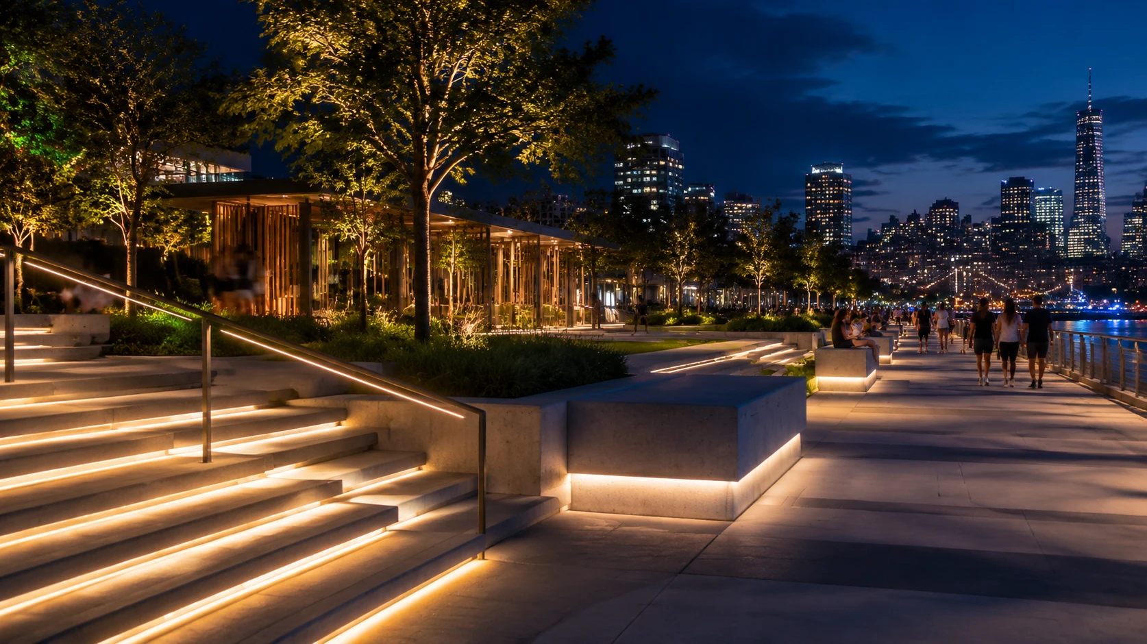 Shatterproof and safe IP67 LED neon tubes illuminating public walkways and modern urban park benches at night Shatterproof and safe IP67 LED neon tubes illuminating public walkways and modern urban park benches at night