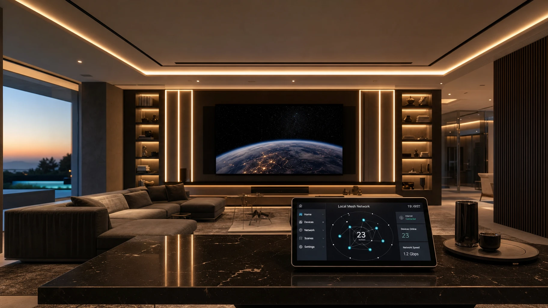 Luxury smart home cinema with local-control Zigbee 3.0 LED neon flex lighting rendering a seamless warm white ambient glow