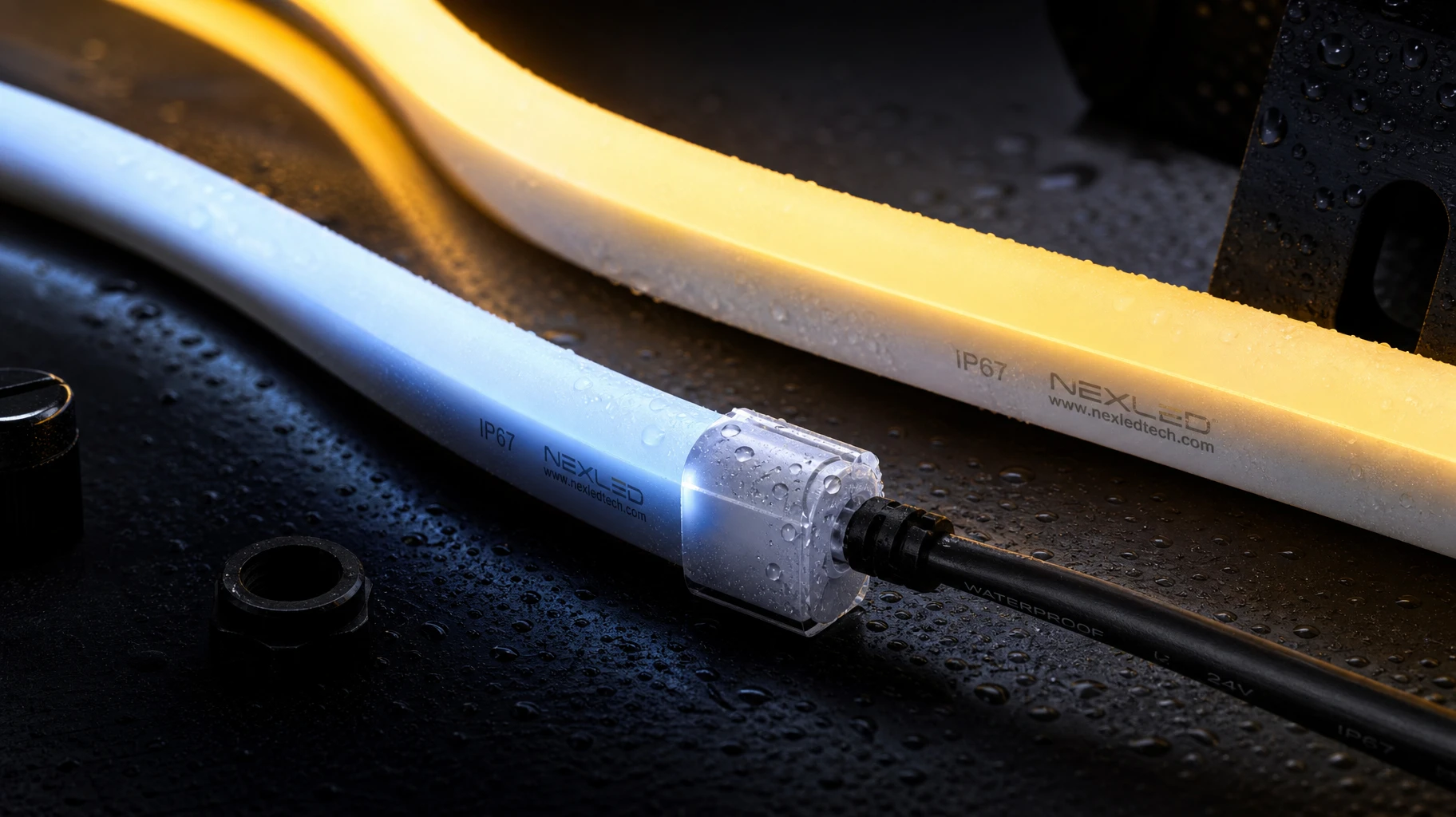Weatherproof IP67 silicone LED neon flex tube connected to a local smart control module under a professional water resistance test