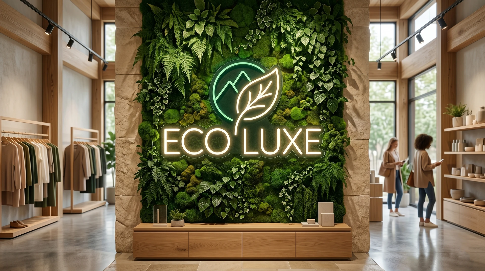 Carbon-neutral certified custom LED neon flex sign glowing in a luxury sustainable retail brand flagship store Carbon-neutral certified custom LED neon flex sign glowing in a luxury sustainable retail brand flagship store