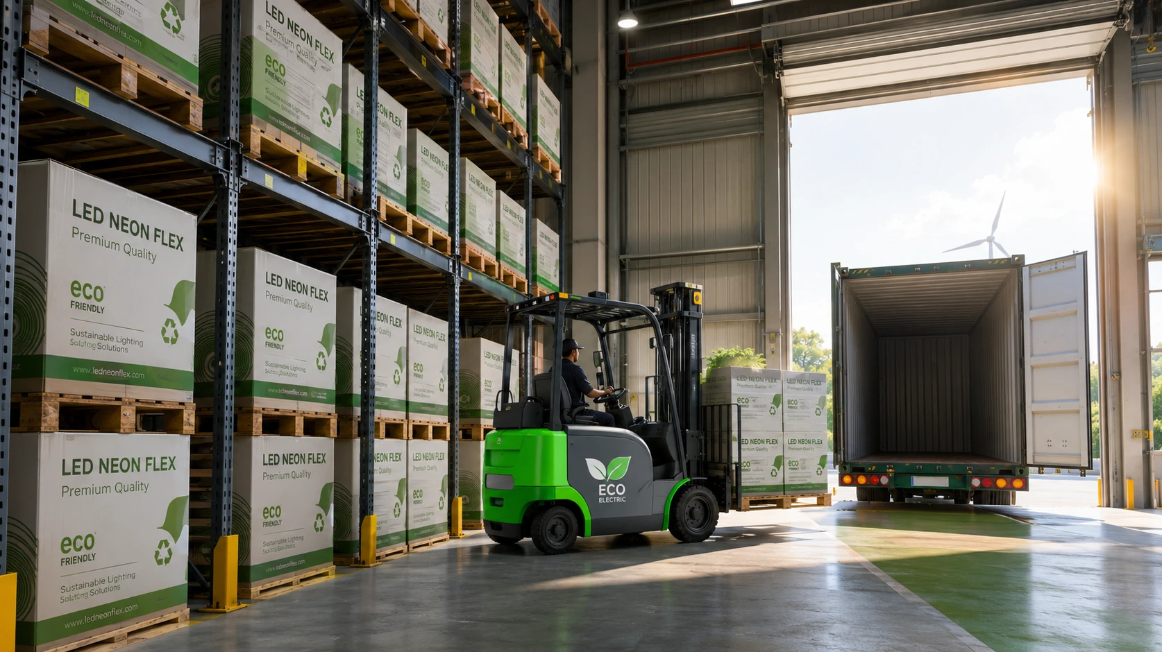 Sustainable lighting warehouse logistics center loading bulk orders of recycled material LED neon flex spools for international wholesale export Sustainable lighting warehouse logistics center loading bulk orders of recycled material LED neon flex spools for international wholesale export