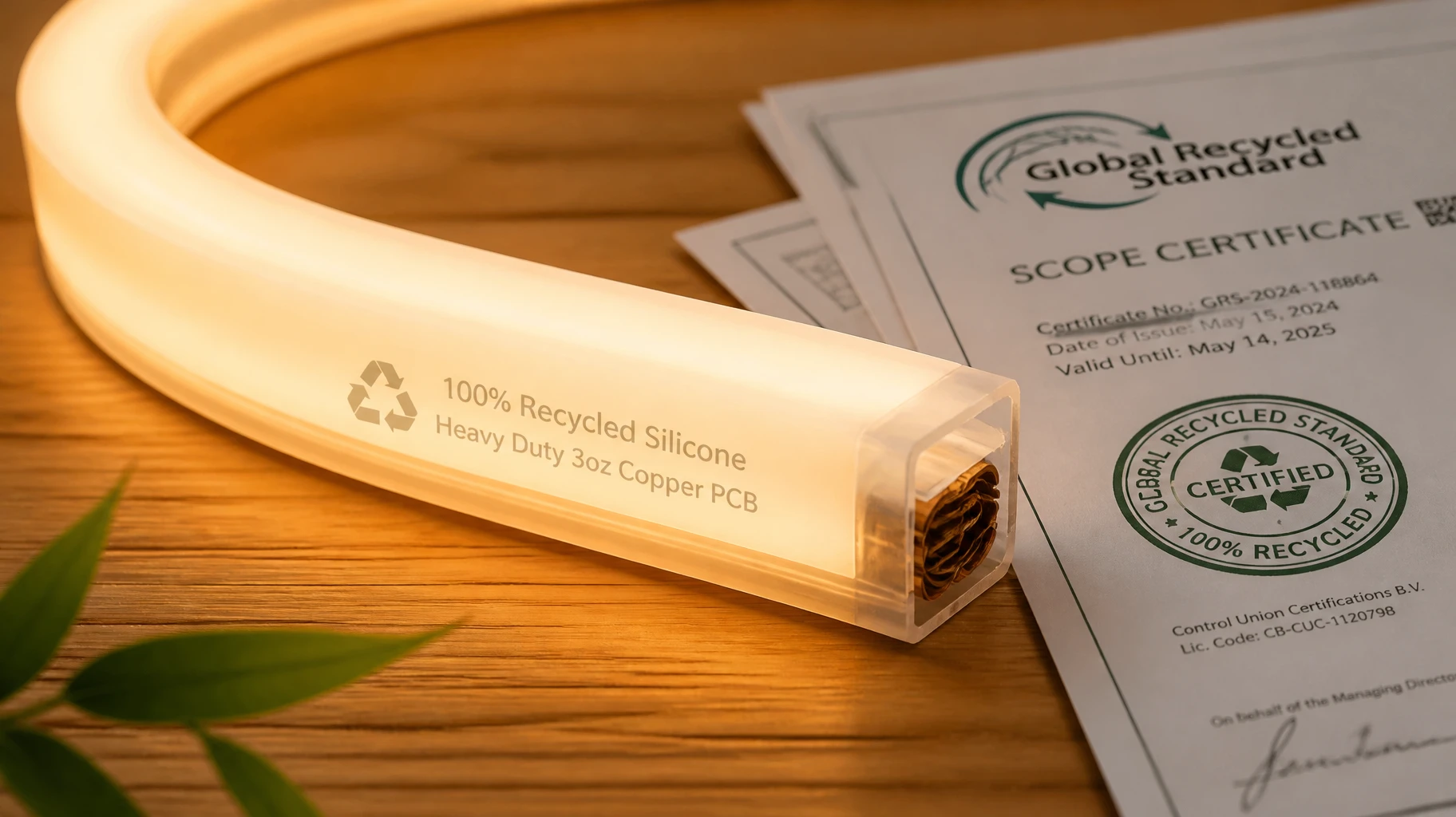 Macro engineering shot of certified recycled material flexible LED neon strip glowing flawlessly alongside green manufacturing certificates Macro engineering shot of certified recycled material flexible LED neon strip glowing flawlessly alongside green manufacturing certificates