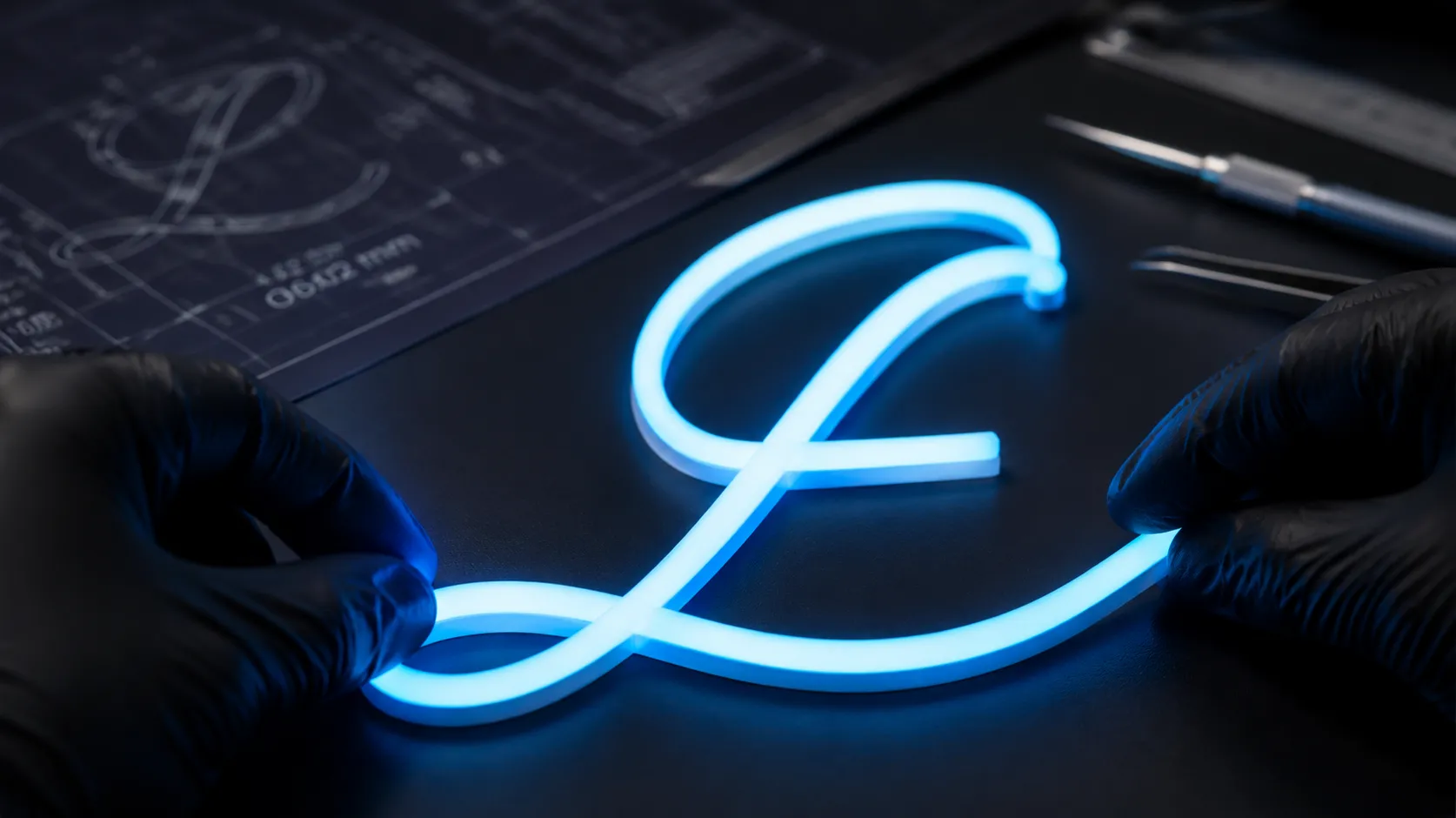 Ultra-thin 6x12mm flexible silicone LED neon light strip being bent into tight lettering curves for custom commercial branding