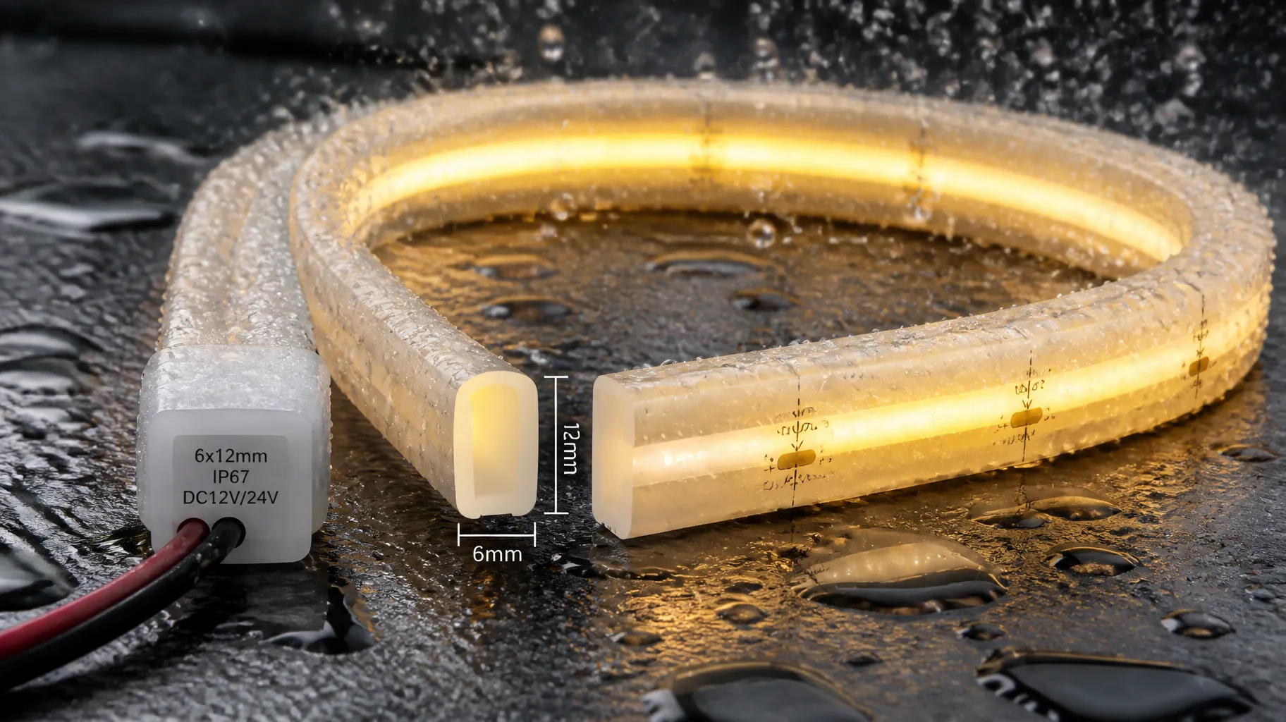 Micro engineering profile of a 6x12mm waterproof IP67 silicone LED neon flex under factory water spray testing