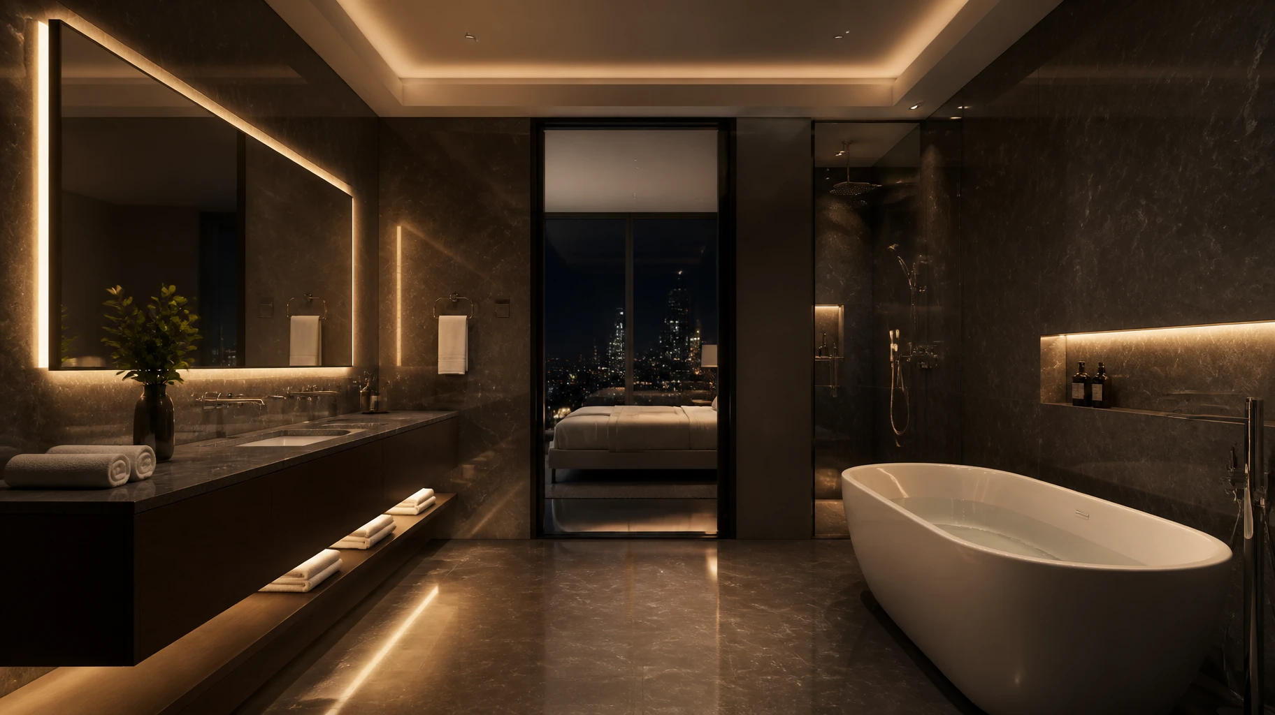 Luxury hotel bathroom suite interior with seamless waterproof warm white silicone LED neon strips embedded behind the vanity mirror and ceiling coves Luxury hotel bathroom suite interior with seamless waterproof warm white silicone LED neon strips embedded behind the vanity mirror and ceiling coves