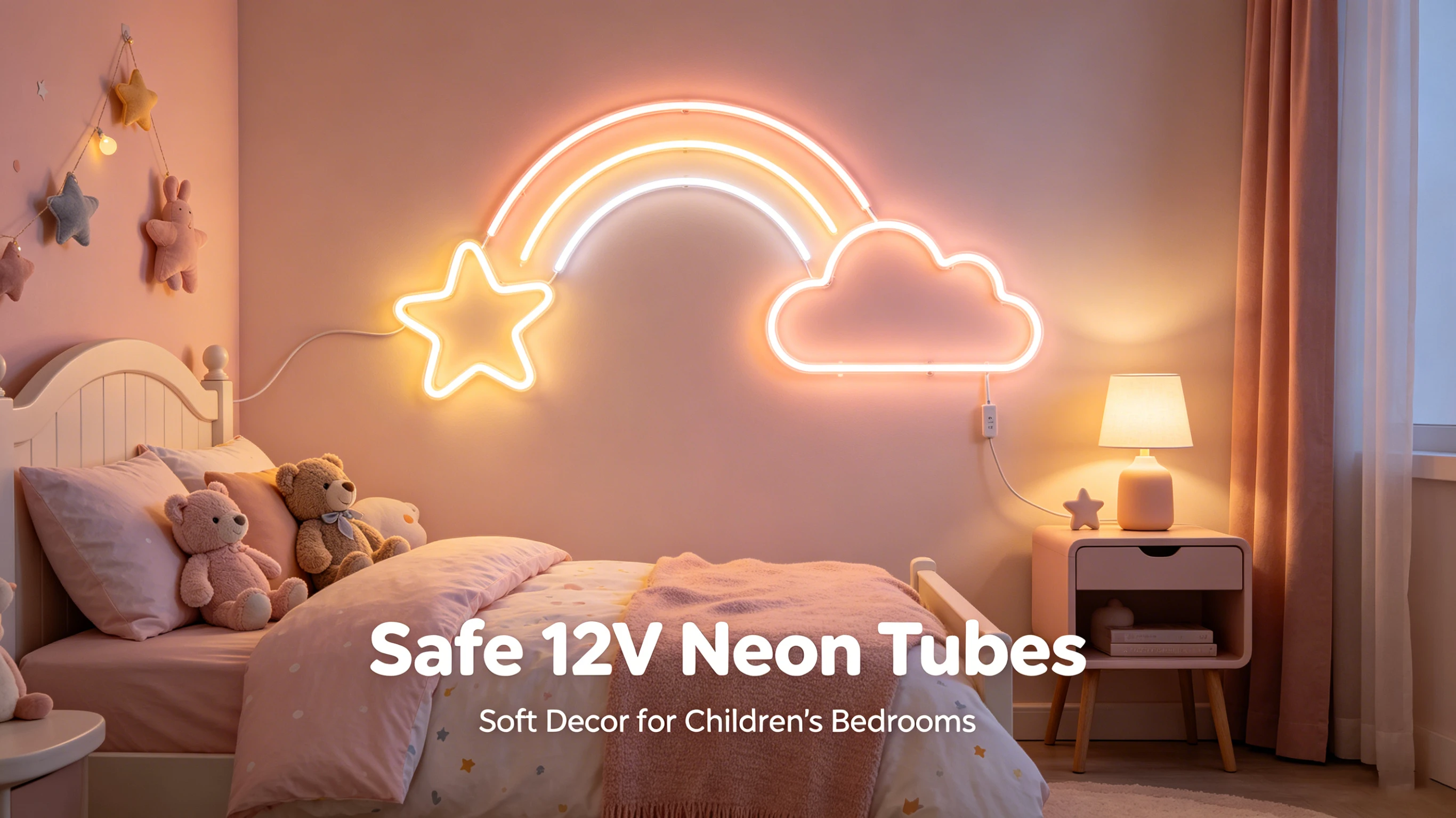 Safe 12V flexible silicone LED neon light installed as a cute cloud nightlight in a minimalist soft decor children's bedroom Safe 12V flexible silicone LED neon light installed as a cute cloud nightlight in a minimalist soft decor children's bedroom
