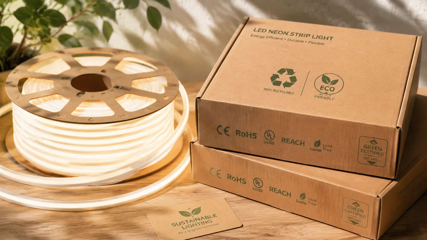 Close-up of eco-friendly LED neon flex strips with sustainable recyclable packaging boxes for international wholesale