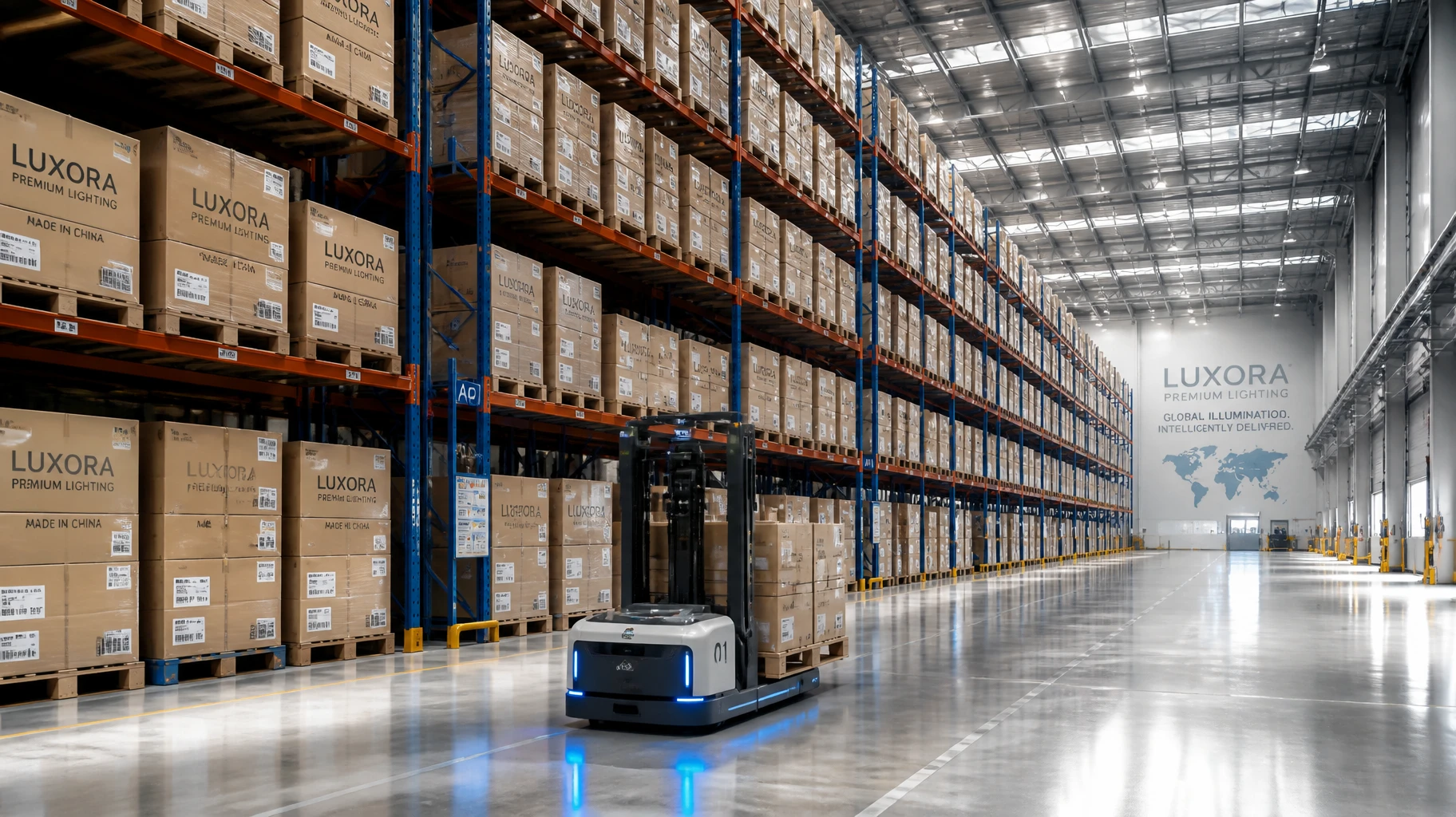 Massive industrial wholesale warehouse storing bulk export container orders of LED neon lights for international buyers