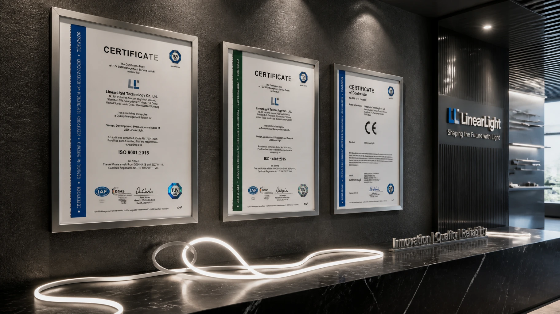Official ISO 9001 and ISO 14001 certificate display wall inside THINK TEAM KING premium corporate lighting showroom