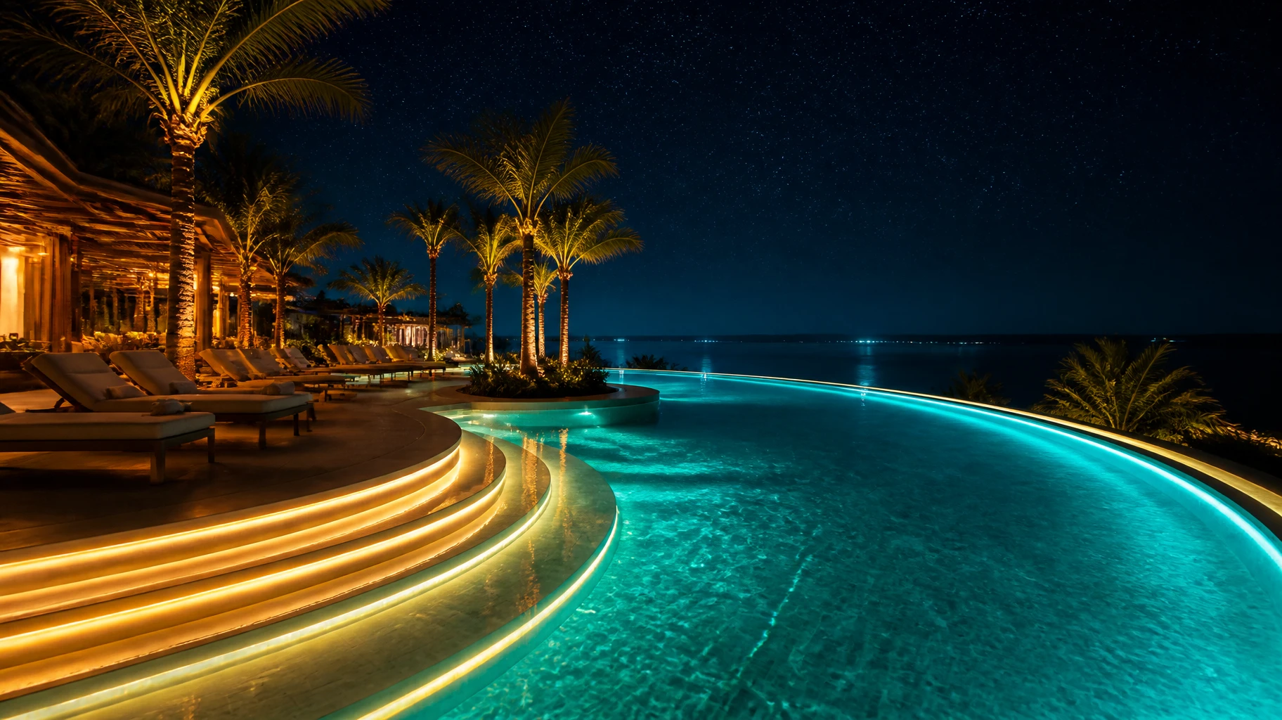 IP67 waterproof silicone LED neon strip lights illuminating a luxury resort infinity pool edges with soft amber glow at night