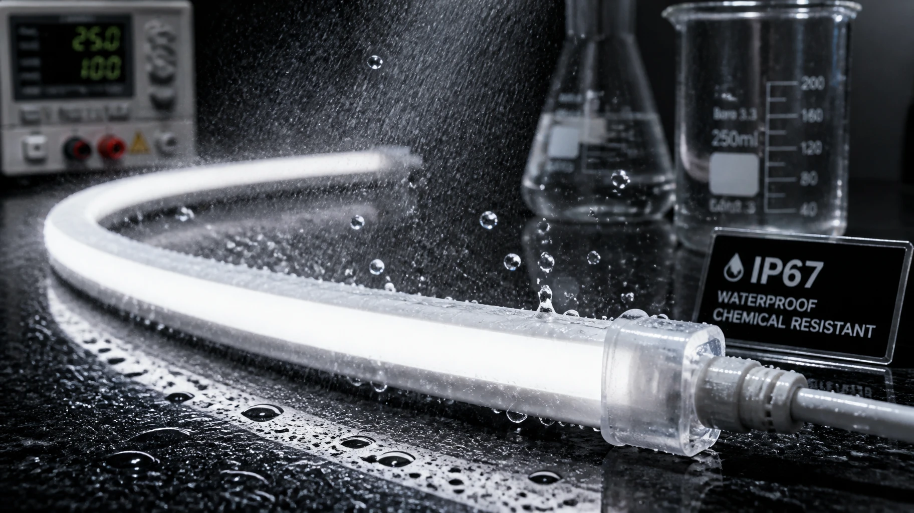 Macro product engineering shot of an IP67 waterproof chlorine-resistant silicone LED neon flex strip undergoing pool water spray testing