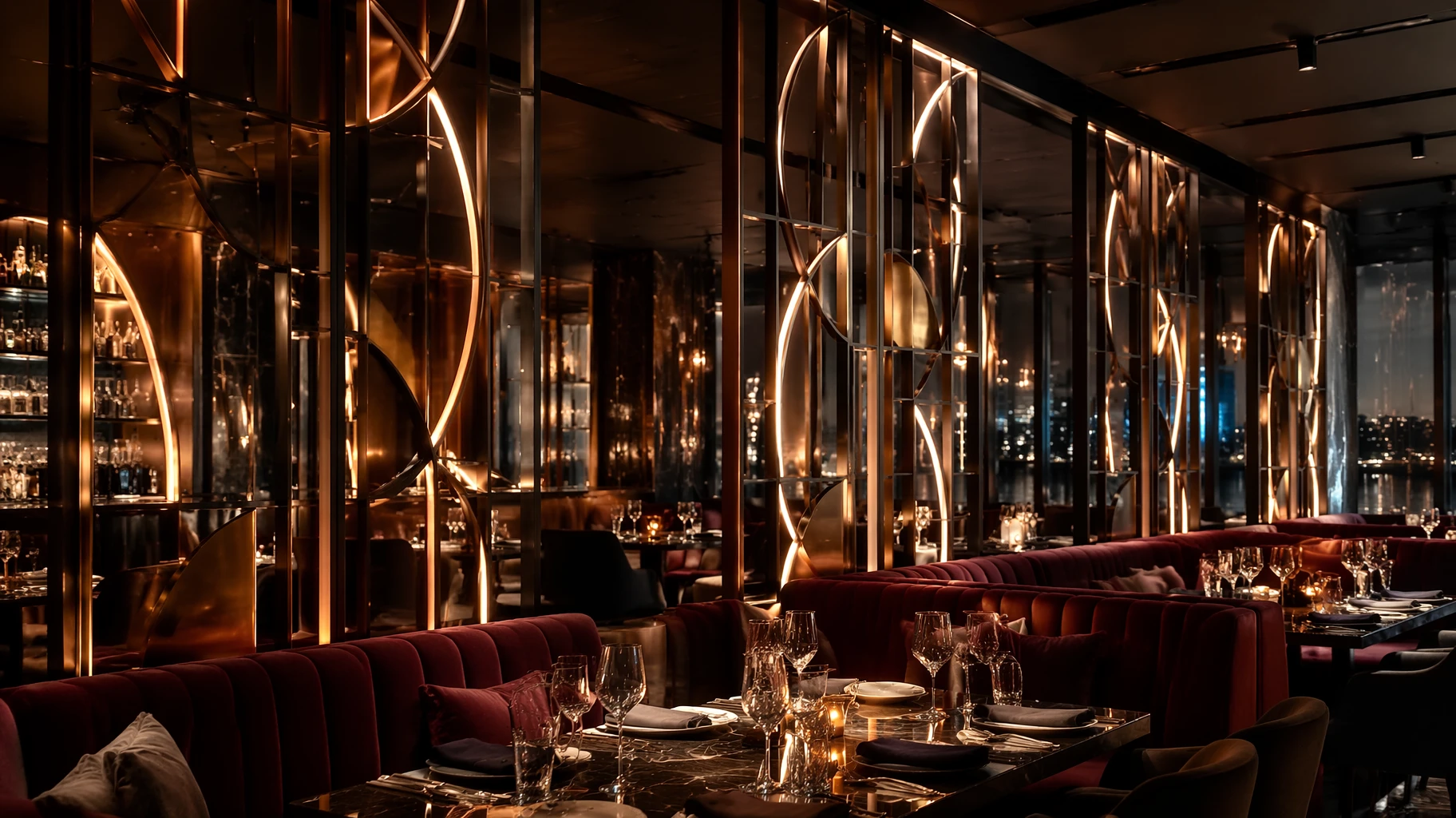 Luxury restaurant interior featuring modern decorative neon room divider lights embedded in a custom geometric geometric partition screen. Luxury restaurant interior featuring modern decorative neon room divider lights embedded in a custom geometric geometric partition screen.