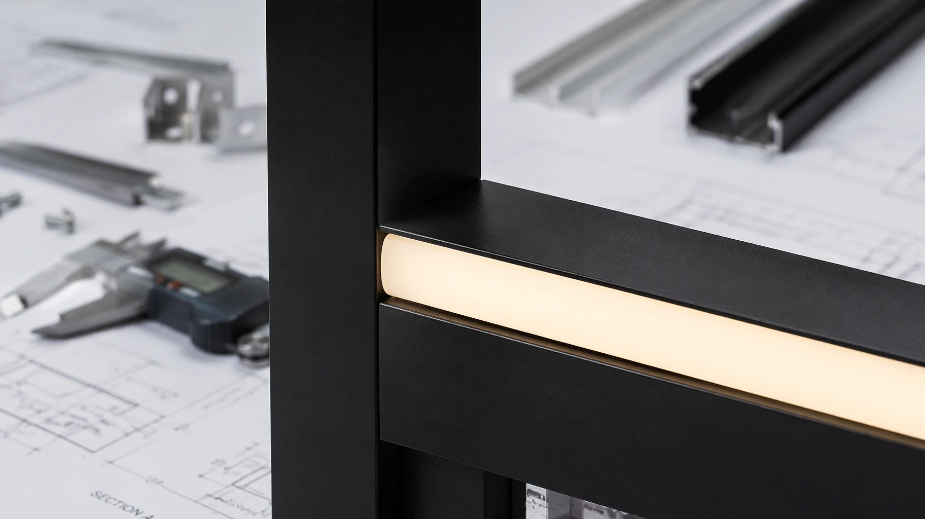 Close-up engineering shot of a flexible decorative silicone neon tube seamlessly integrated into a custom commercial partition slot with hidden wiring Close-up engineering shot of a flexible decorative silicone neon tube seamlessly integrated into a custom commercial partition slot with hidden wiring