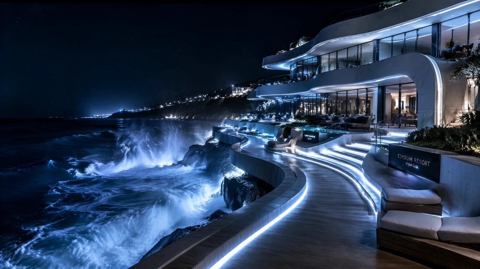 Anti-corrosion coated IP67 silicone LED neon strip lights illuminating a modern luxury oceanfront resort architectural facade under salt mist Anti-corrosion coated IP67 silicone LED neon strip lights illuminating a modern luxury oceanfront resort architectural facade under salt mist