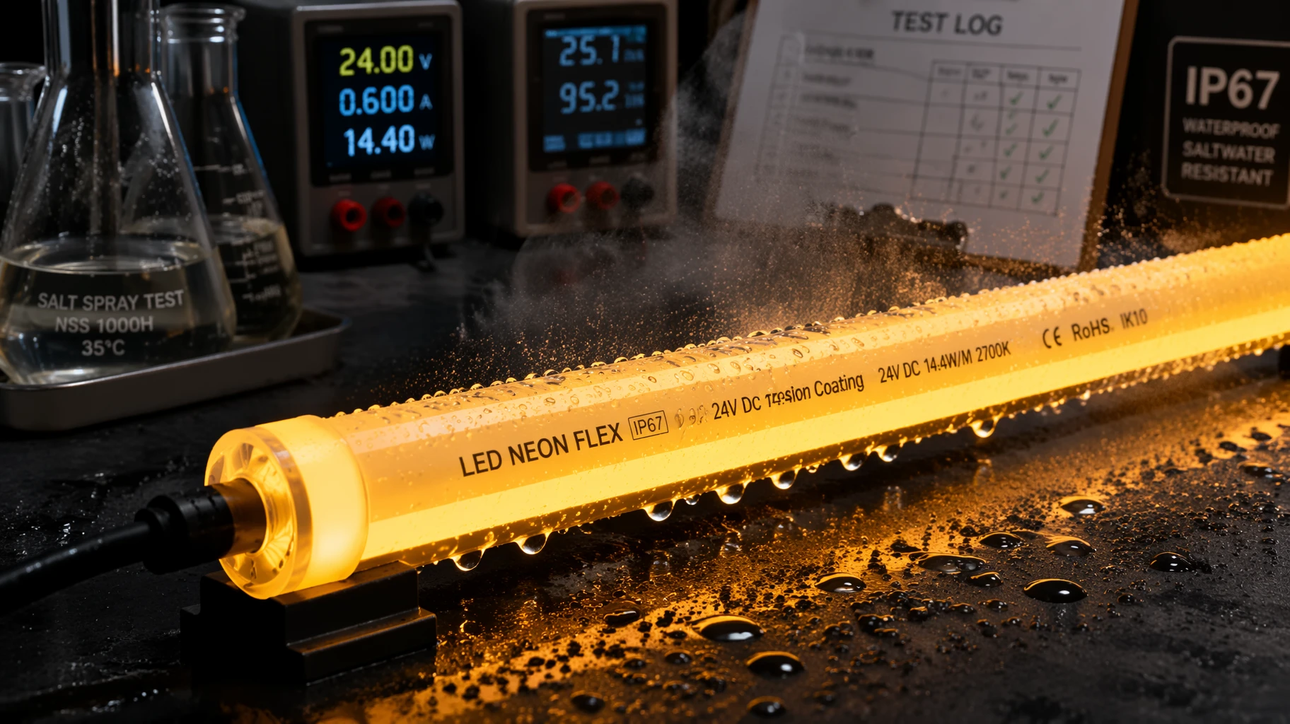 Macro engineering shot of an anti-corrosion coated silicone LED neon flex strip undergoing accelerated salt spray and chemical testing in an industrial laboratory Macro engineering shot of an anti-corrosion coated silicone LED neon flex strip undergoing accelerated salt spray and chemical testing in an industrial laboratory