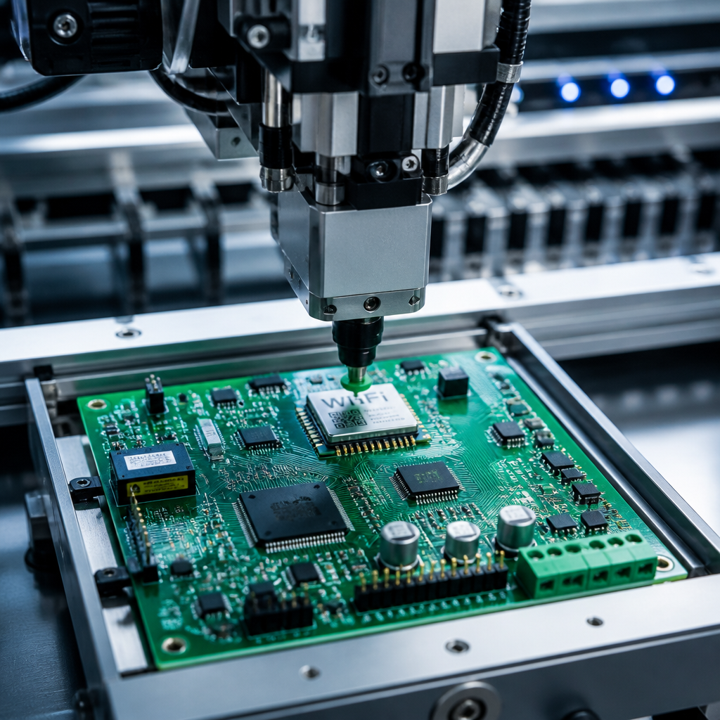 Automated SMT assembly line installing wireless modules for wifi-enabled neon light controllers at THINK TEAM KING factory.