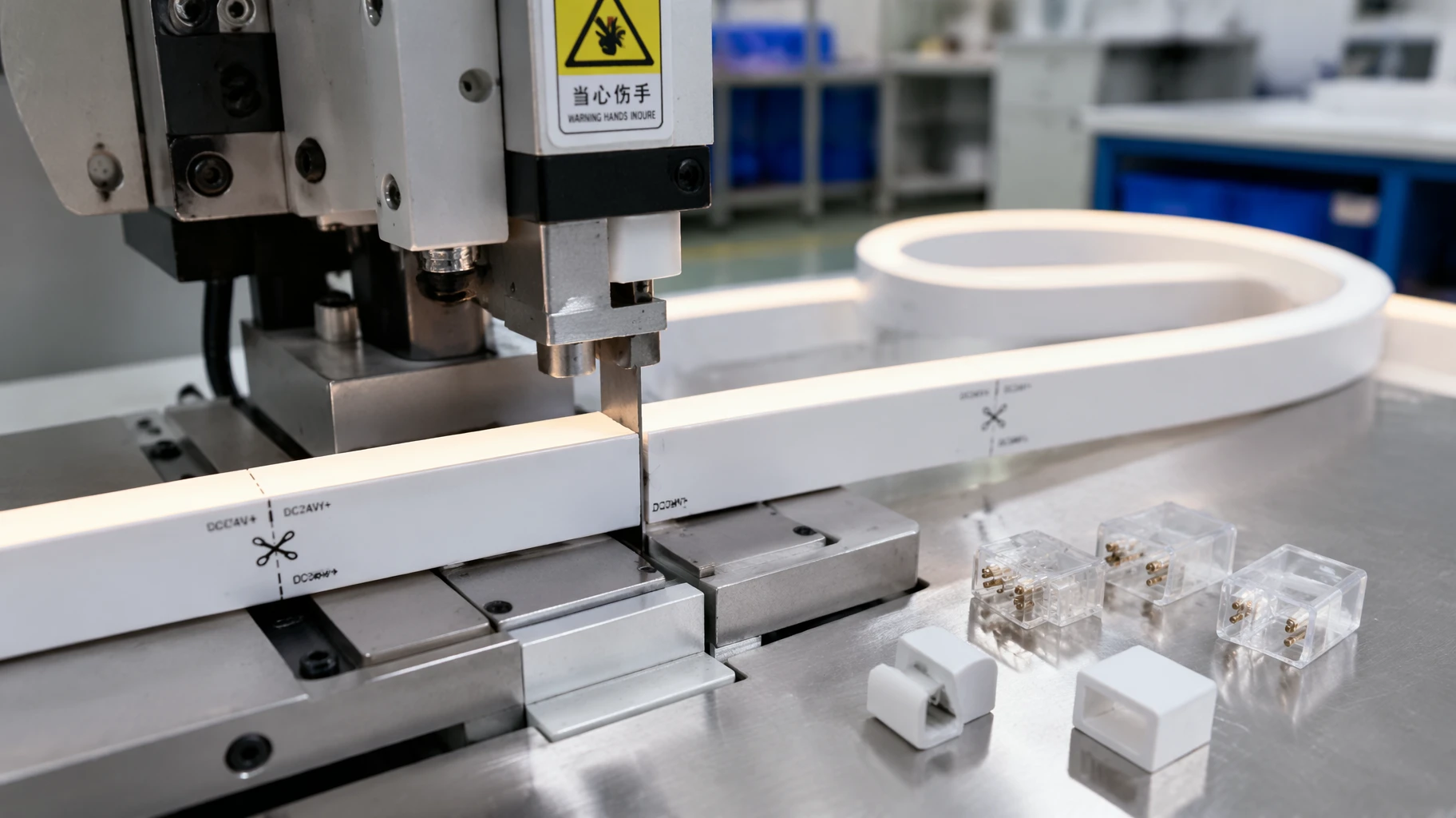 Factory technician demonstrating field cutting on cuttable led silicone neon strips with connectors for sign manufacturing. Factory technician demonstrating field cutting on cuttable led silicone neon strips with connectors for sign manufacturing.
