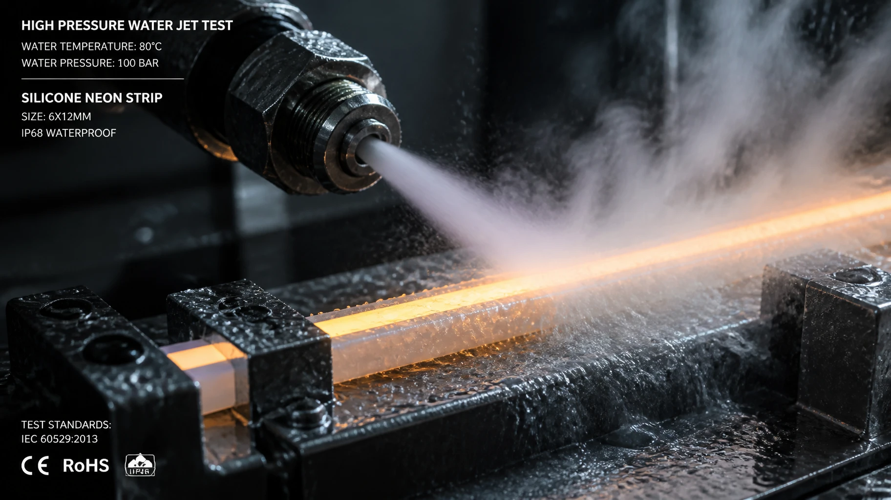 Industrial high-pressure washdown testing of ip69k-rated waterproof silicone neon lighting for food processing plants. Industrial high-pressure washdown testing of ip69k-rated waterproof silicone neon lighting for food processing plants.