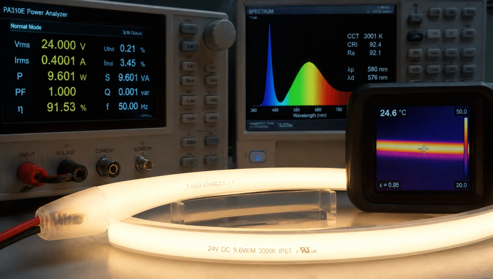 Close-up macro shot inside a high-tech optoelectronic testing laboratory, focusing on a flexible silicone LED neon light strip undergoing energy efficiency validation. The linear neon channel glows uniformly, connected to digital power analyzers and spectral testing equipment displaying data metrics. Clean, professional scientific setup, advanced electrical engineering environment, sharp focus on the non-heating silicone diffuser, photorealistic, 8k resolution, cinematic technical lighting --ar 4:3 --v 6.0