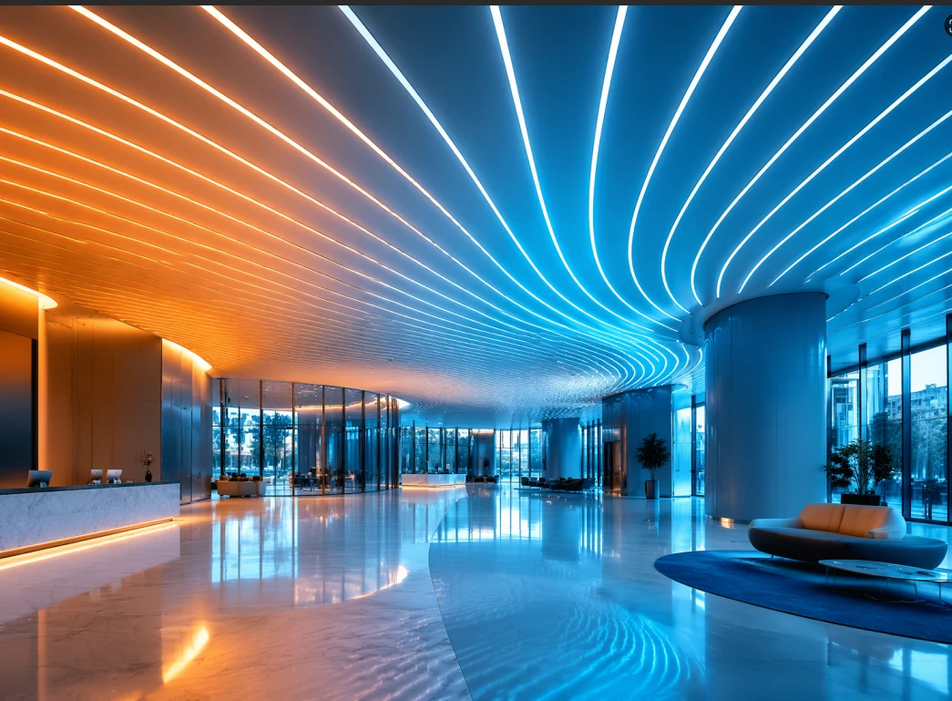 High-end commercial real estate lobby showcasing seamless integration of voice-controlled rgb neon lighting sync systems inside smart building automation frameworks. High-end commercial real estate lobby showcasing seamless integration of voice-controlled rgb neon lighting sync systems inside smart building automation frameworks.
