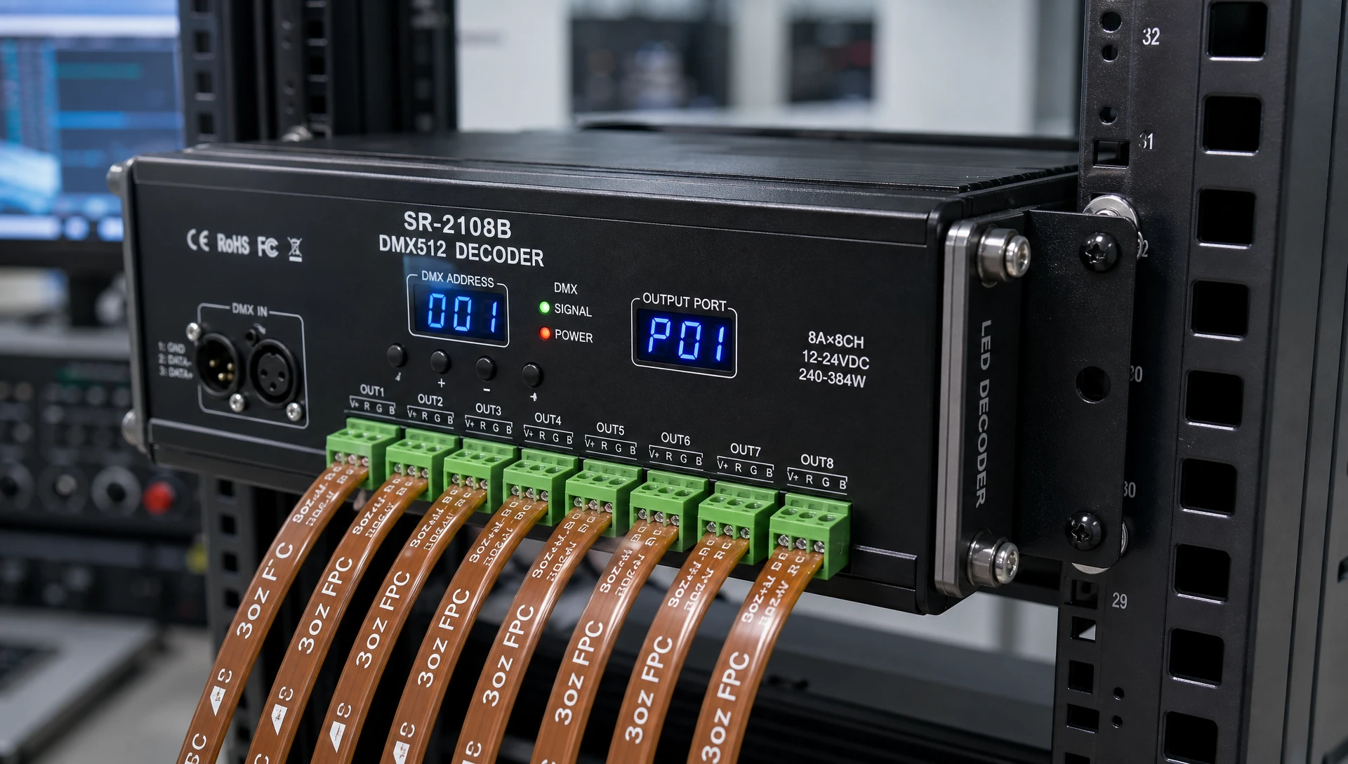 Technical macro view of an industrial DMX512 decoder connected to voice-controlled rgb neon lighting sync systems to prevent latency and signal attenuation. Technical macro view of an industrial DMX512 decoder connected to voice-controlled rgb neon lighting sync systems to prevent latency and signal attenuation.
