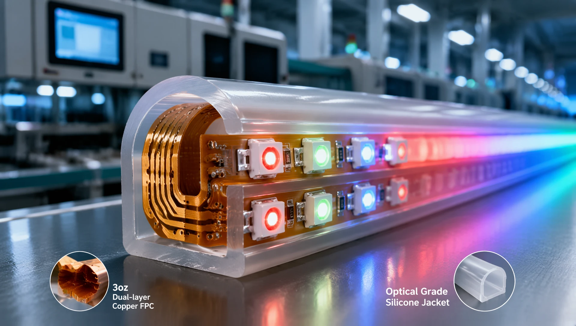 Factory cross-section technical overview of commercial-grade rgb neon tube signage systems featuring high-density SMD LEDs and 3-oz copper FPC board inside a silicone diffuser. Factory cross-section technical overview of commercial-grade rgb neon tube signage systems featuring high-density SMD LEDs and 3-oz copper FPC board inside a silicone diffuser.