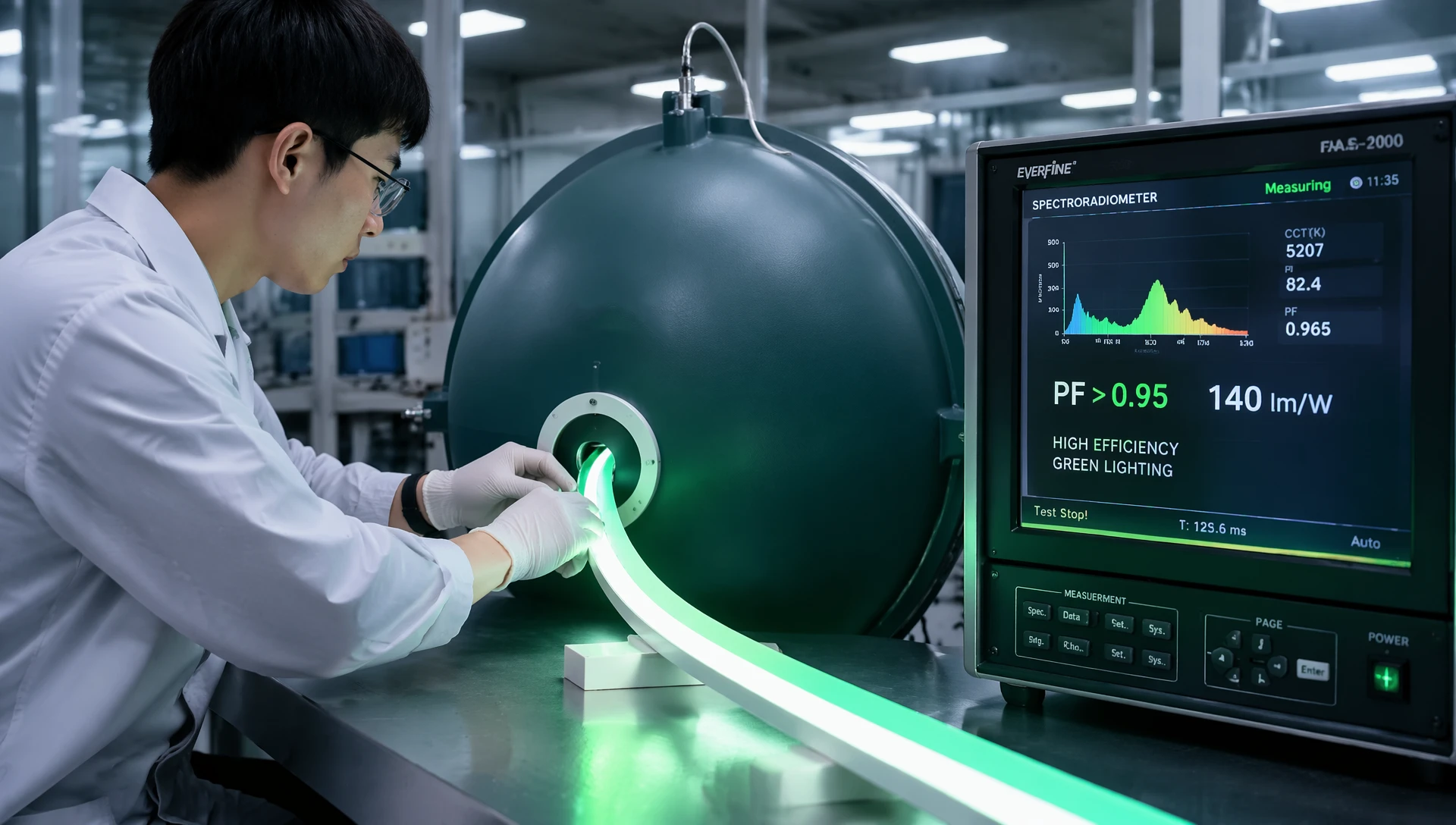 Quality control laboratory testing the luminous efficacy and energy efficiency of premium industrial LED neon tube lights for commercial signage. Quality control laboratory testing the luminous efficacy and energy efficiency of premium industrial LED neon tube lights for commercial signage.
