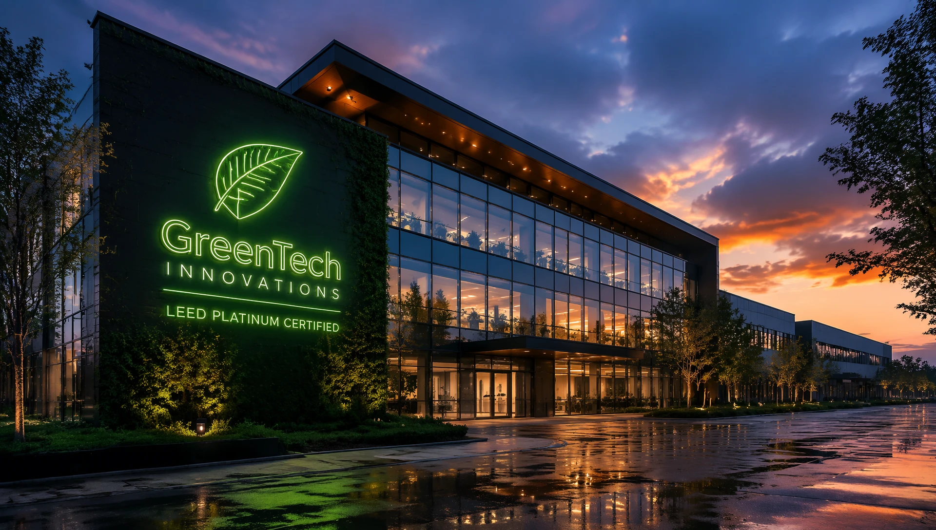 Modern green building exterior featuring energy-efficient neon tube lights for signage with low-power consumption and high weatherproofing. Modern green building exterior featuring energy-efficient neon tube lights for signage with low-power consumption and high weatherproofing.