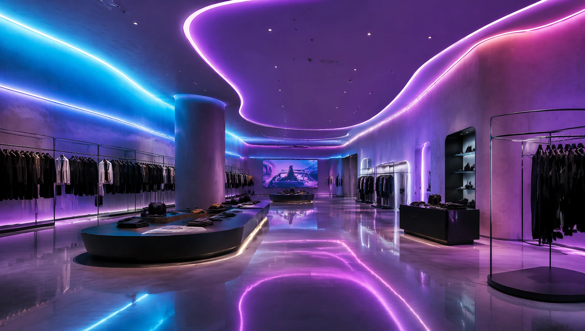 Addressable high-density rgb neon strips for dynamic effects installed inside a commercial retail store showroom, displaying fluid pixel-chasing wave animations. Addressable high-density rgb neon strips for dynamic effects installed inside a commercial retail store showroom, displaying fluid pixel-chasing wave animations.