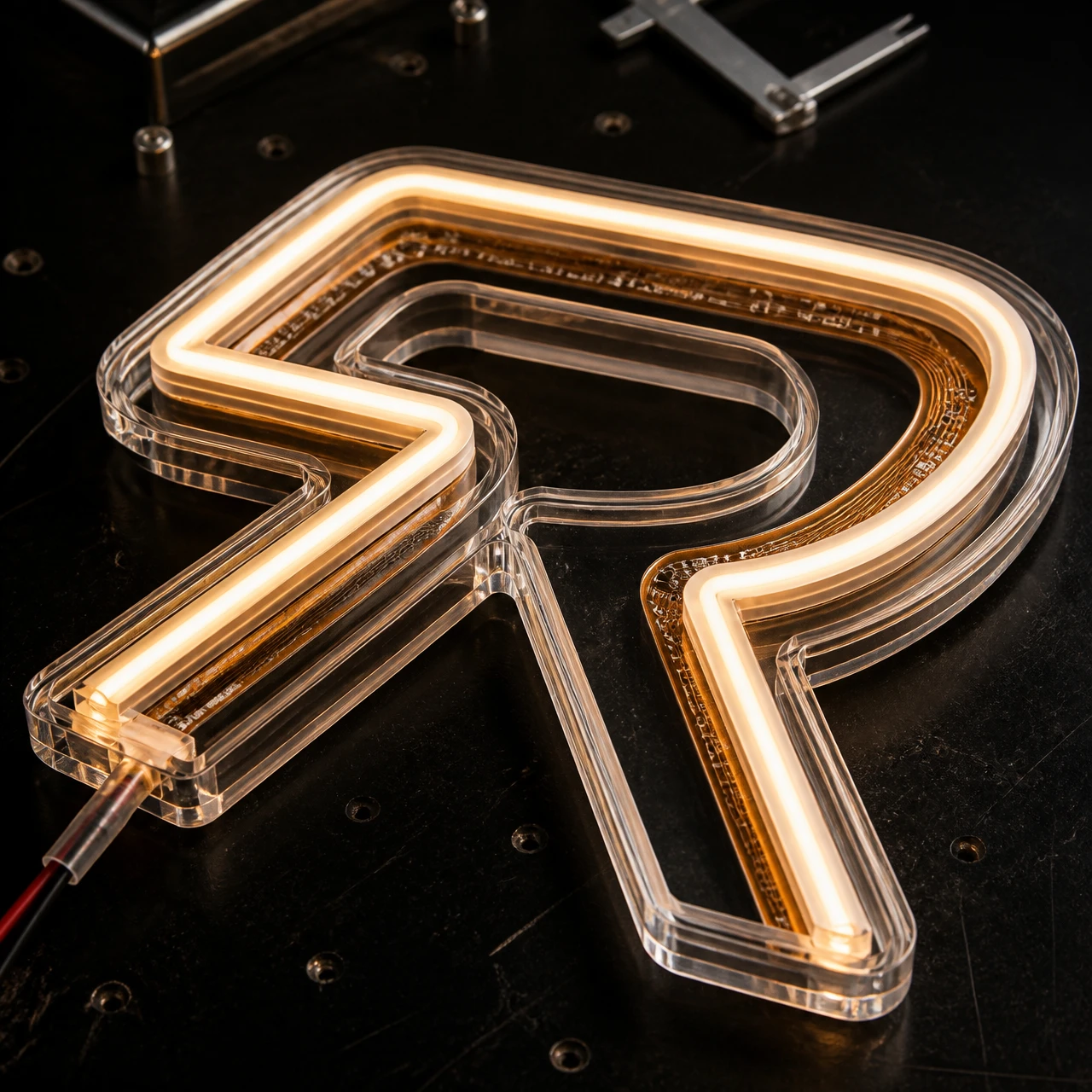 Close-up detail of precision silicone LED neon flex mounted in CNC acrylic for branded neon backdrops with company logo integration Close-up detail of precision silicone LED neon flex mounted in CNC acrylic for branded neon backdrops with company logo integration
